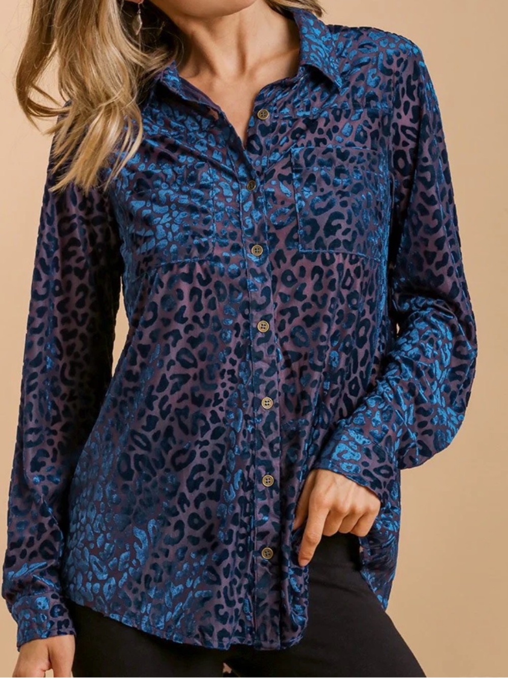 Umgee Blue and Black Leopard Print Button-Down Shirt Sheer 90’s vibe
